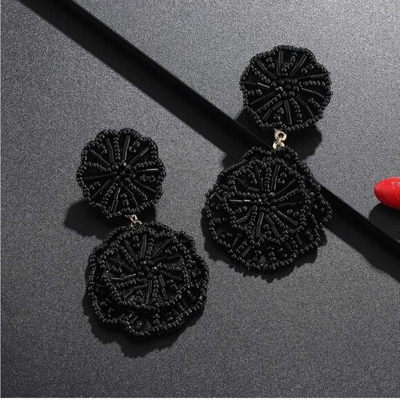 Black Beaded Double Flower Boho Dangling Drop Statement Post Back Earrings - Picture 2 of 5